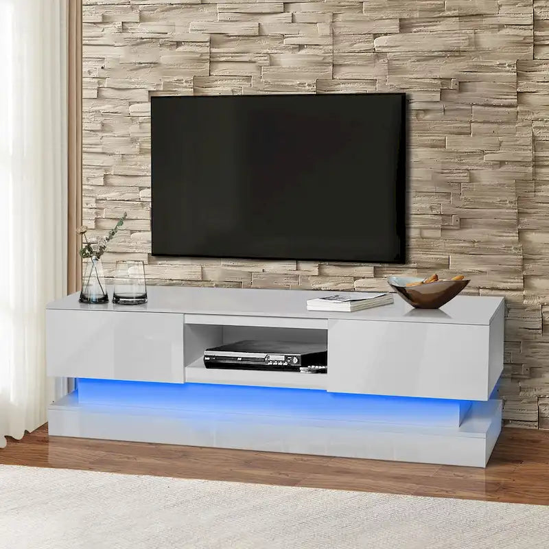 Weißer TV-Ständer mit 63 Schubladen und LED-Beleuchtung für 65-Fernseher
