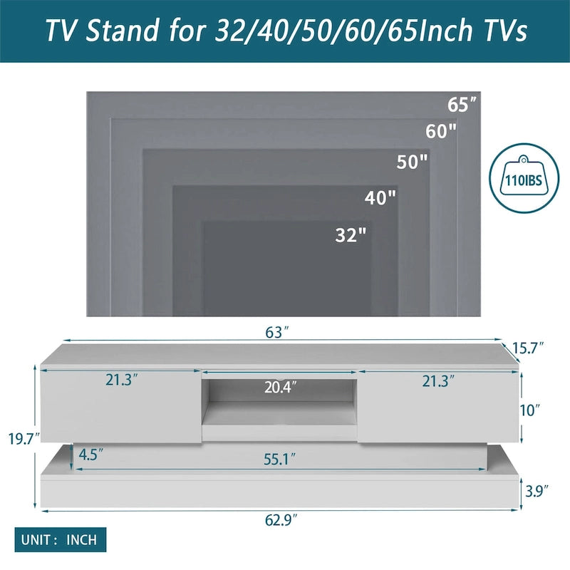 Weißer TV-Ständer mit 63 Schubladen und LED-Beleuchtung für 65-Fernseher
