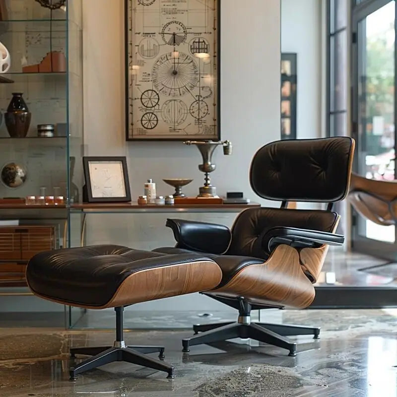 Fauteuil d’appoint de détente en cuir véritable avec ottoman, bois de noyer