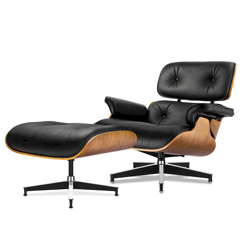 Fauteuil d’appoint de détente en cuir véritable avec ottoman, bois de noyer
