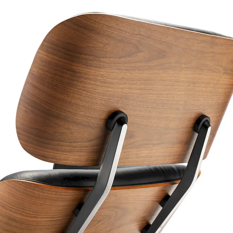 Fauteuil d’appoint de détente en cuir véritable avec ottoman, bois de noyer