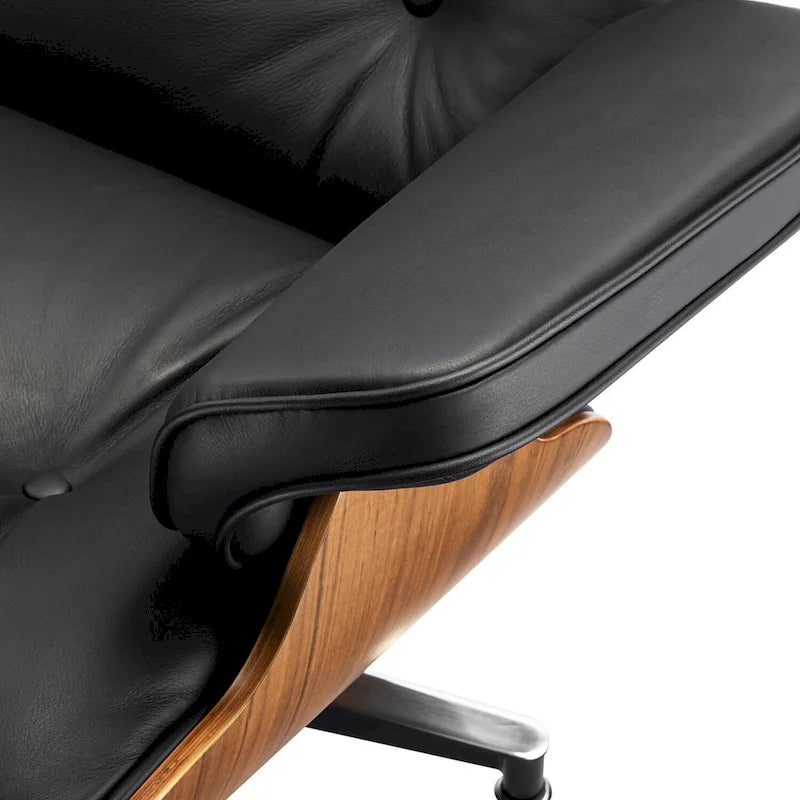 Fauteuil d’appoint de détente en cuir véritable avec ottoman, bois de noyer