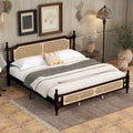 Lit en bois avec tête et pied de lit en rotin, format king, lit plateforme bas avec plateforme centrale renforcée
