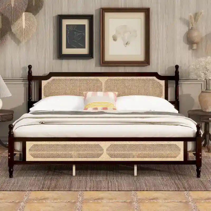 Lit en bois avec tête et pied de lit en rotin, format king, lit plateforme bas avec plateforme centrale renforcée