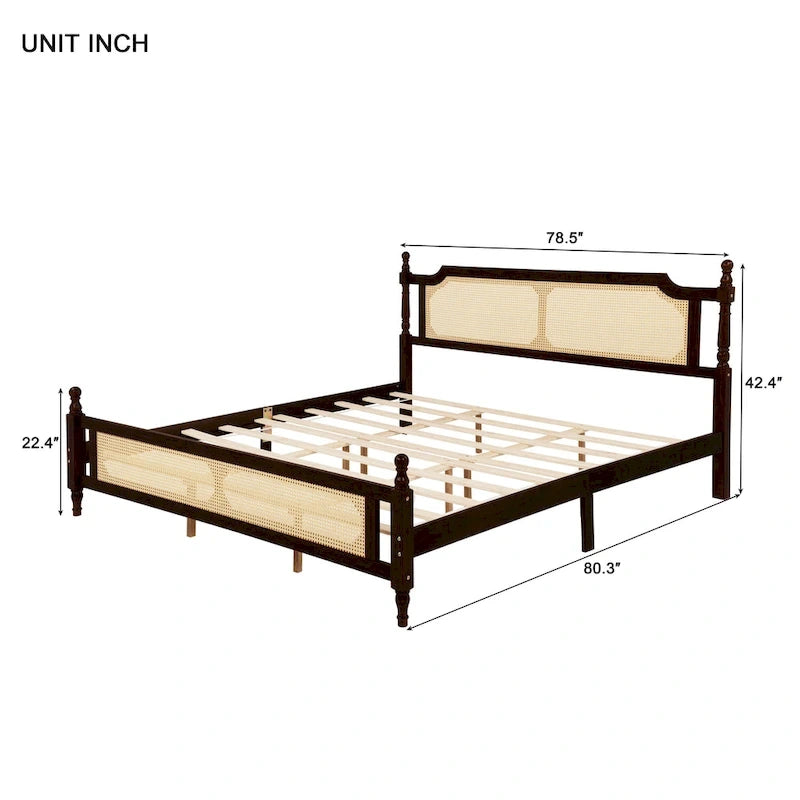 Holzbett mit Kopf- und Fußteil aus Rattan, Kingsize-Bett mit niedrigem Profil und Plattform mit verstärktem Mittelteil
