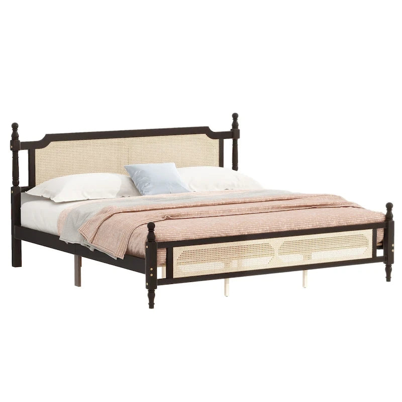 Lit en bois avec tête et pied de lit en rotin, format king, lit plateforme bas avec plateforme centrale renforcée
