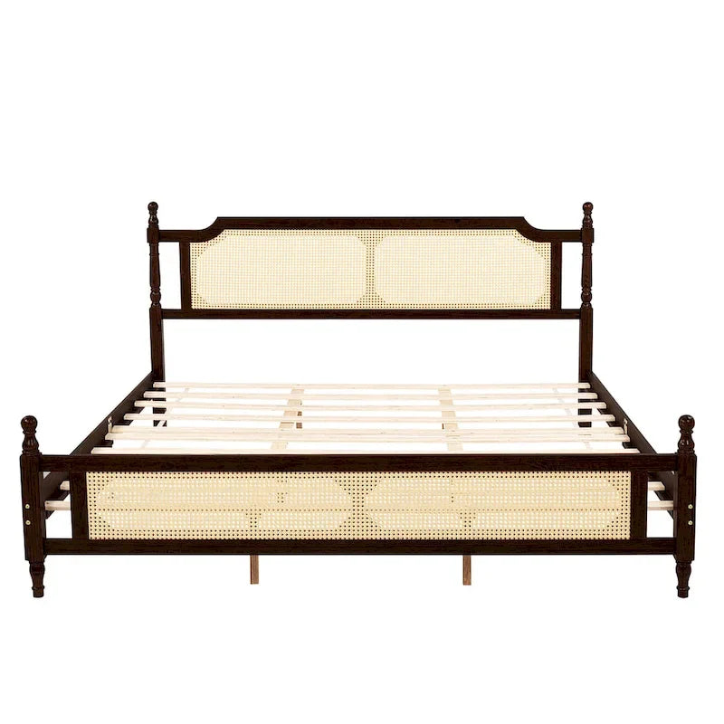 Lit en bois avec tête et pied de lit en rotin, format king, lit plateforme bas avec plateforme centrale renforcée