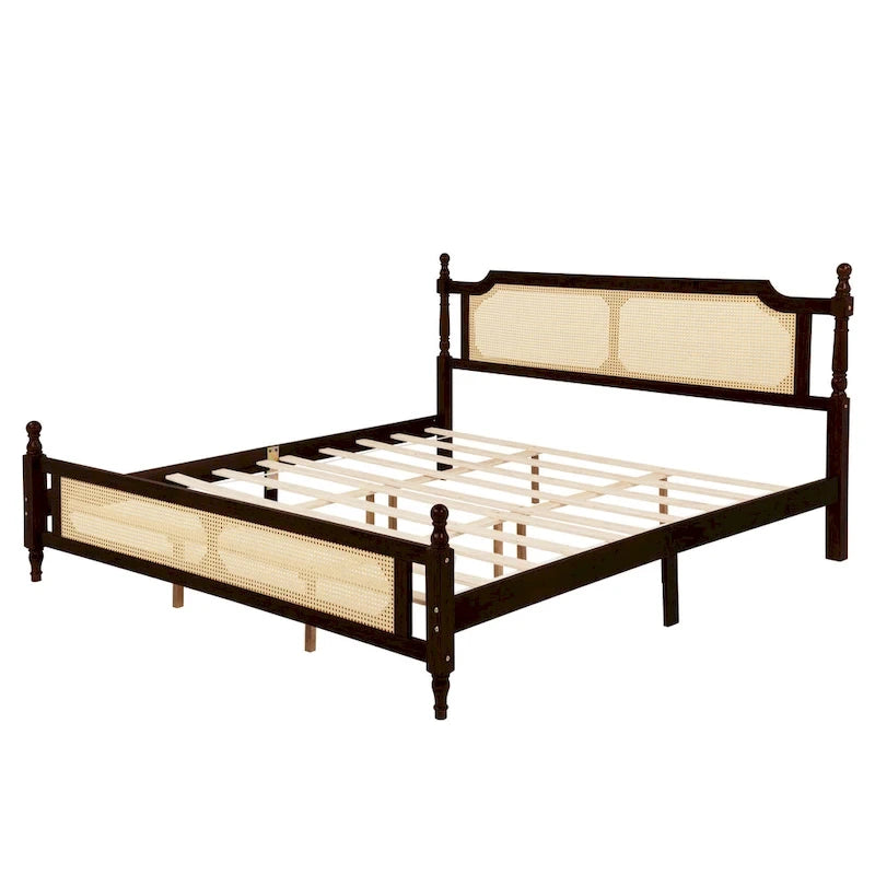 Lit en bois avec tête et pied de lit en rotin, format king, lit plateforme bas avec plateforme centrale renforcée