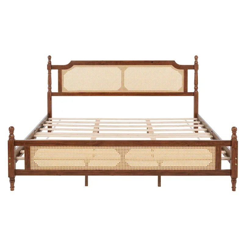 Lit en bois avec tête et pied de lit en rotin, format king, lit plateforme bas avec plateforme centrale renforcée
