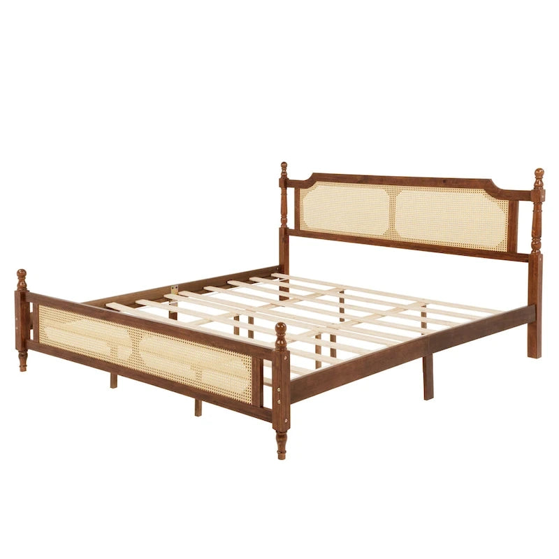 Lit en bois avec tête et pied de lit en rotin, format king, lit plateforme bas avec plateforme centrale renforcée