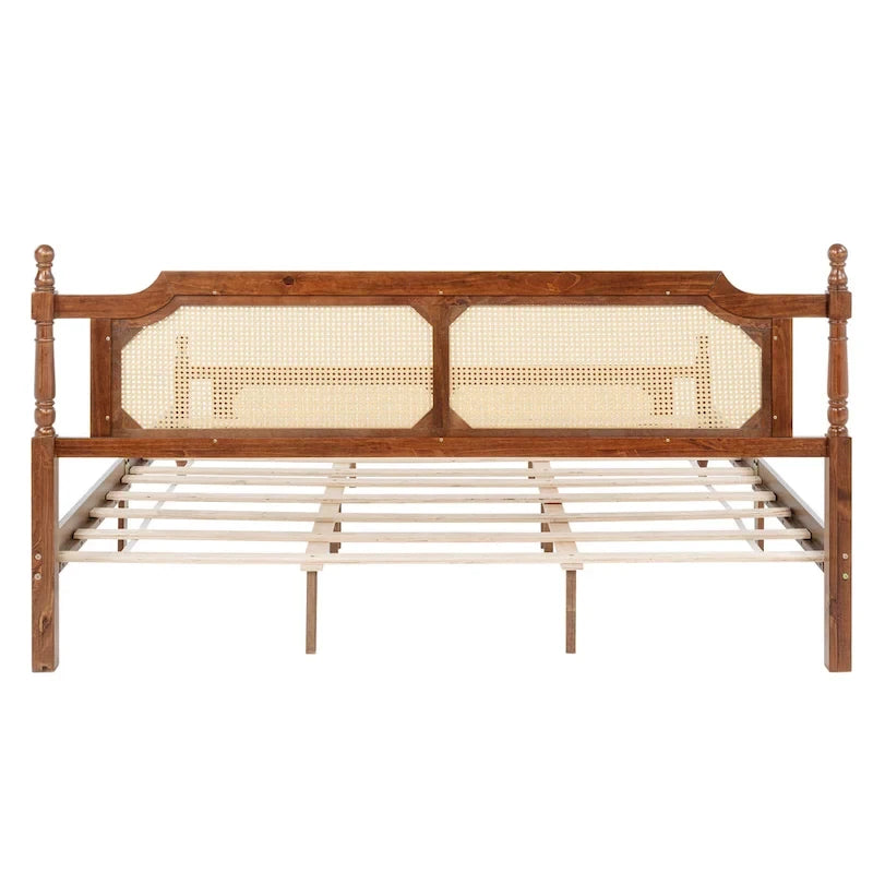 Lit en bois avec tête et pied de lit en rotin, format king, lit plateforme bas avec plateforme centrale renforcée