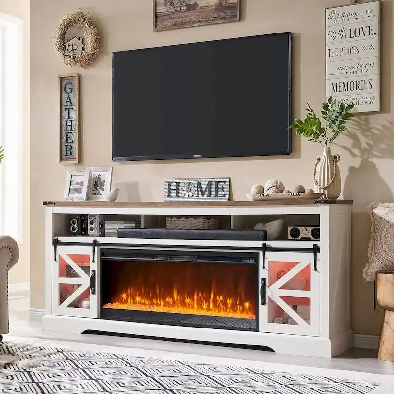 TV-Schrank mit Kamin im Landhausstil für 80-Zoll-Fernseher, rustikales Entertainment-Center