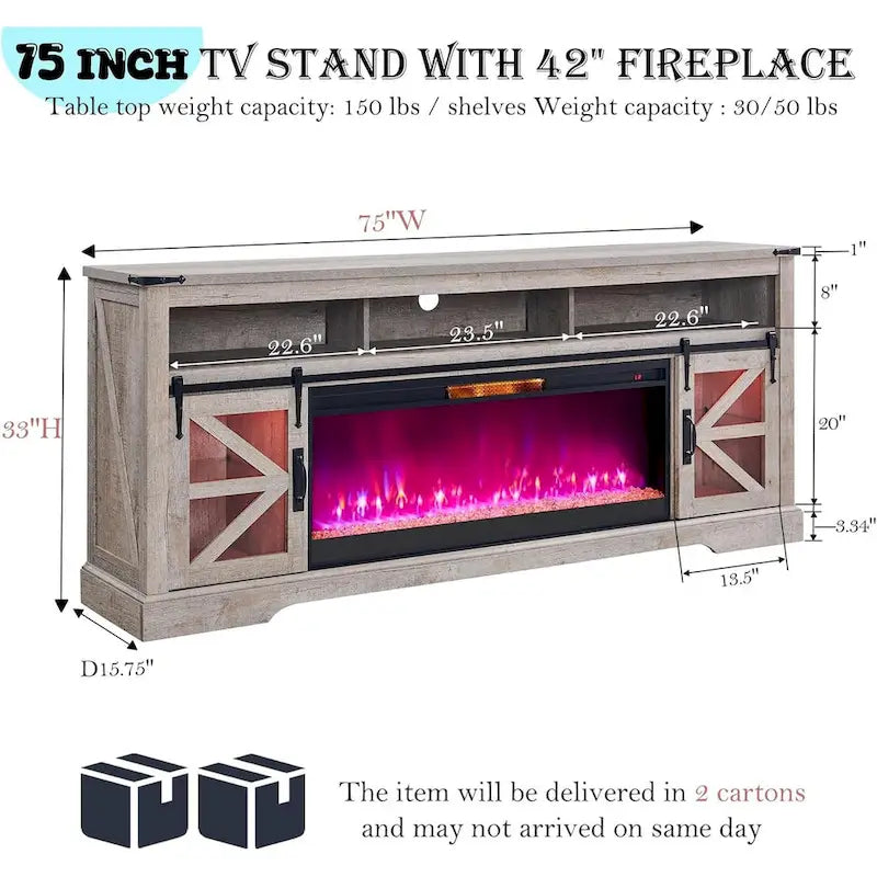 TV-Schrank mit Kamin im Landhausstil für 80-Zoll-Fernseher, rustikales Entertainment-Center