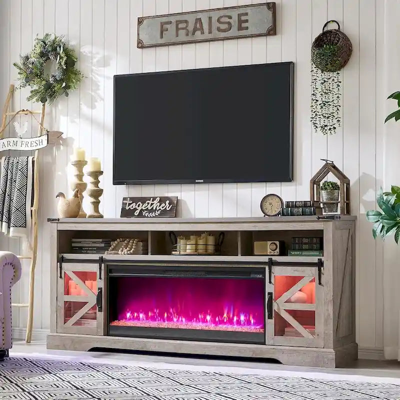 TV-Schrank mit Kamin im Landhausstil für 80-Zoll-Fernseher, rustikales Entertainment-Center