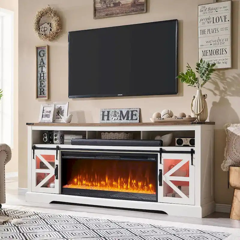 TV-Schrank mit Kamin im Landhausstil für 80-Zoll-Fernseher, rustikales Entertainment-Center
