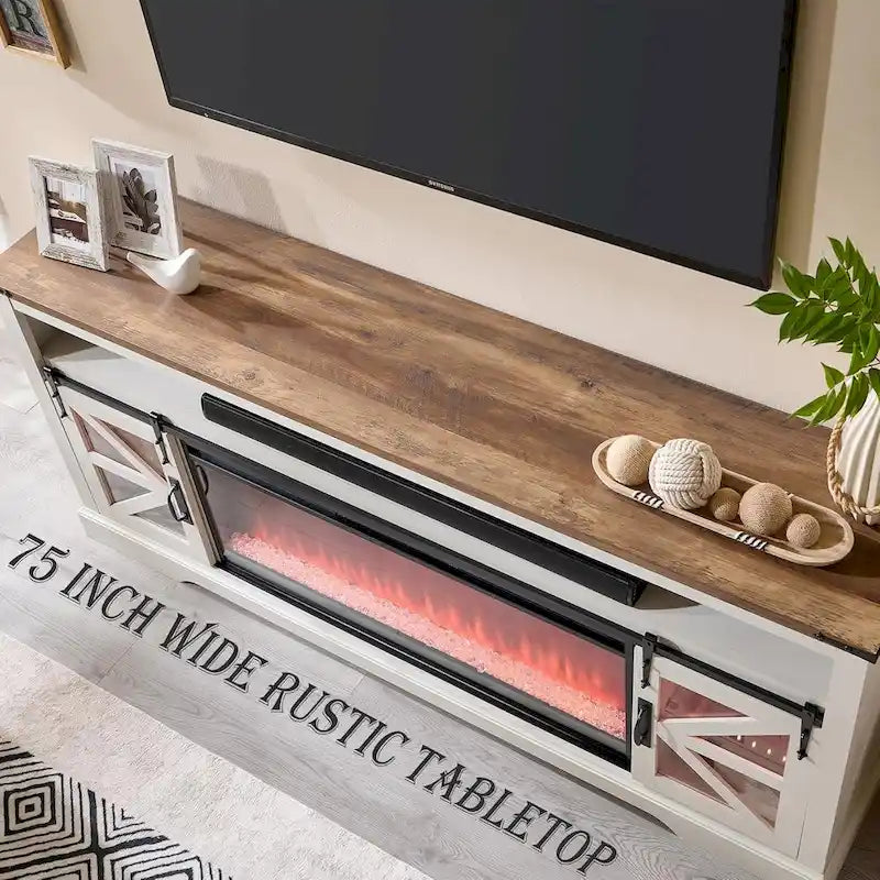 TV-Schrank mit Kamin im Landhausstil für 80-Zoll-Fernseher, rustikales Entertainment-Center