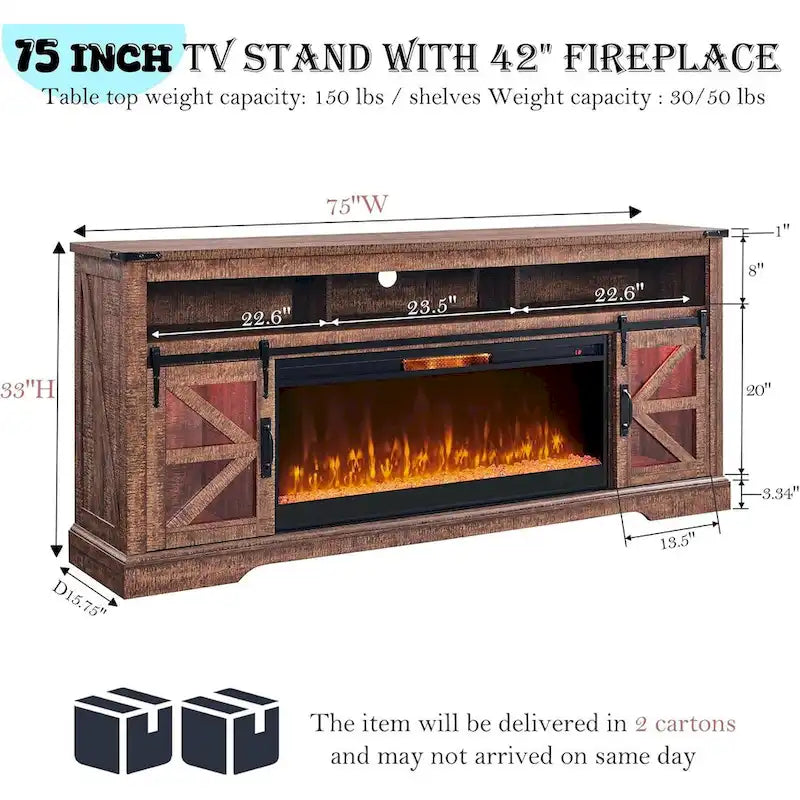 TV-Schrank mit Kamin im Landhausstil für 80-Zoll-Fernseher, rustikales Entertainment-Center