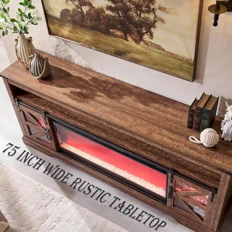 TV-Schrank mit Kamin im Landhausstil für 80-Zoll-Fernseher, rustikales Entertainment-Center