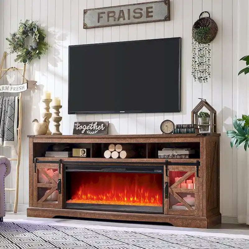 TV-Schrank mit Kamin im Landhausstil für 80-Zoll-Fernseher, rustikales Entertainment-Center