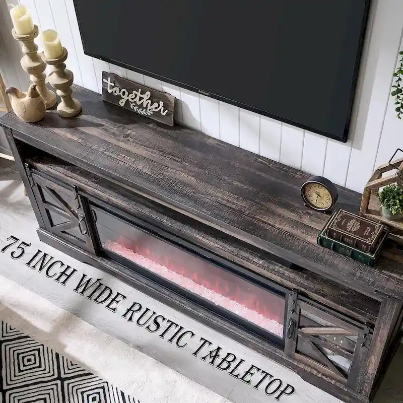 TV-Schrank mit Kamin im Landhausstil für 80-Zoll-Fernseher, rustikales Entertainment-Center
