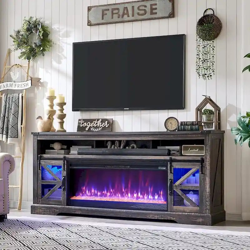 TV-Schrank mit Kamin im Landhausstil für 80-Zoll-Fernseher, rustikales Entertainment-Center