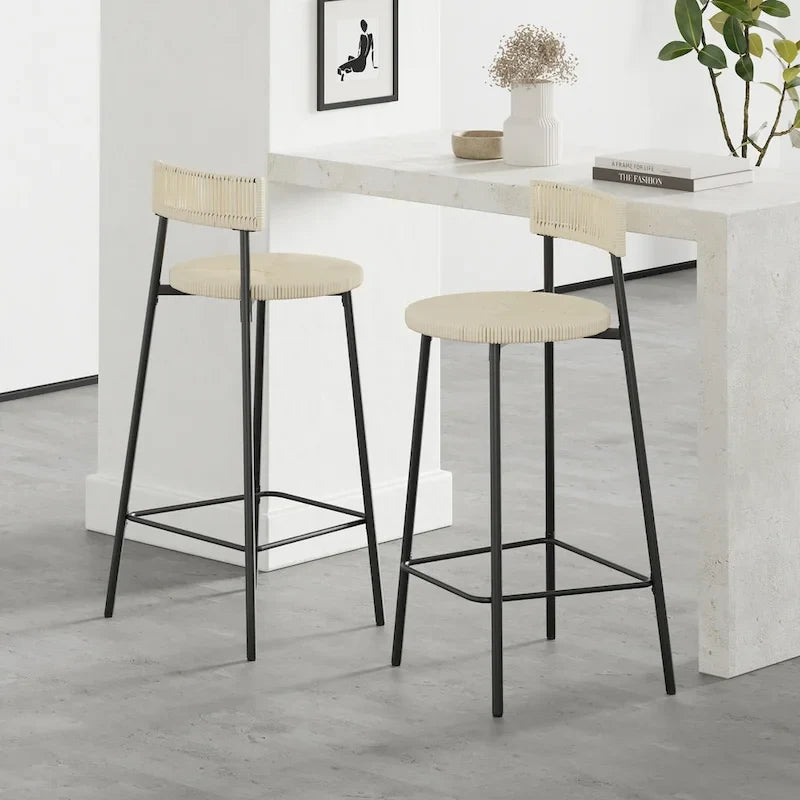 Handgeflochtene Barhocker mit Rückenlehne, 2er-Set, runde Barhocker aus Papierkordel mit Fußstütze für Kücheninseln und Esszimmer