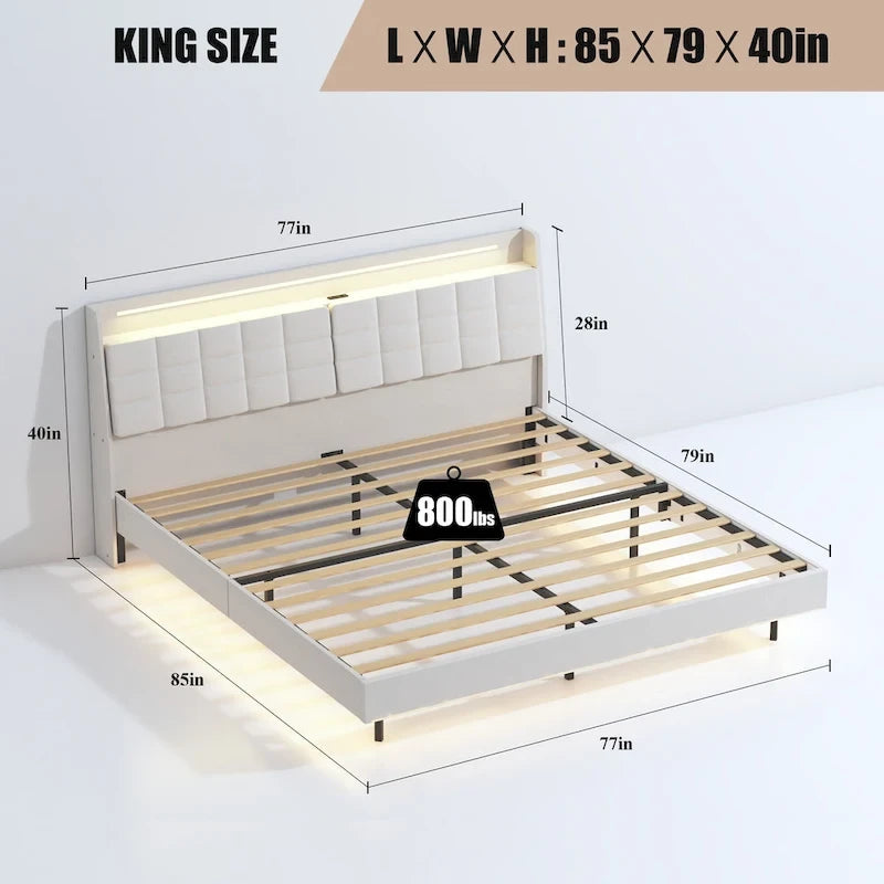 Lit plateforme flottant rembourré grand format avec rangement dissimulé