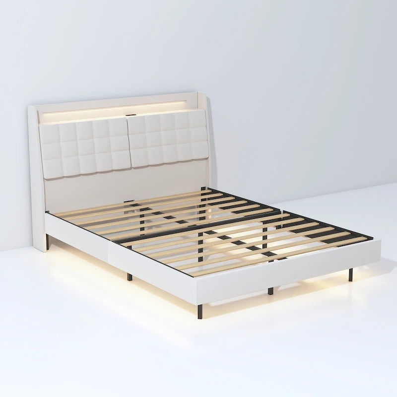 Lit plateforme flottant rembourré grand format avec rangement dissimulé