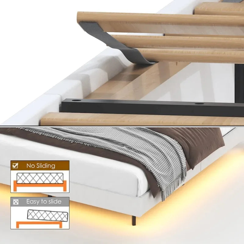 Lit plateforme flottant rembourré grand format avec rangement dissimulé