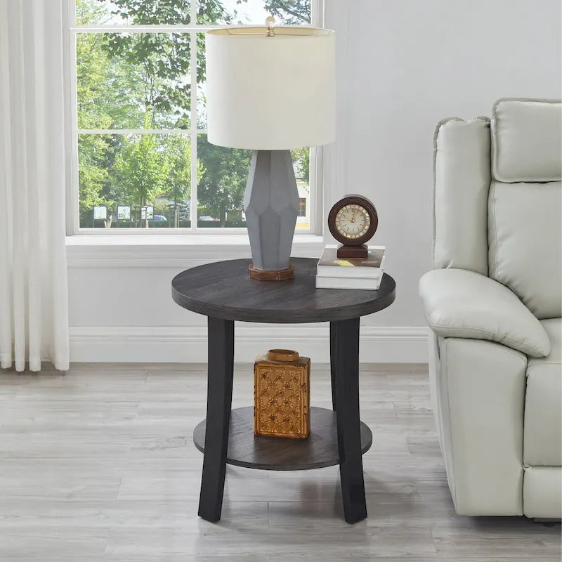 Table d’appoint contemporaine ronde avec étagère en bois