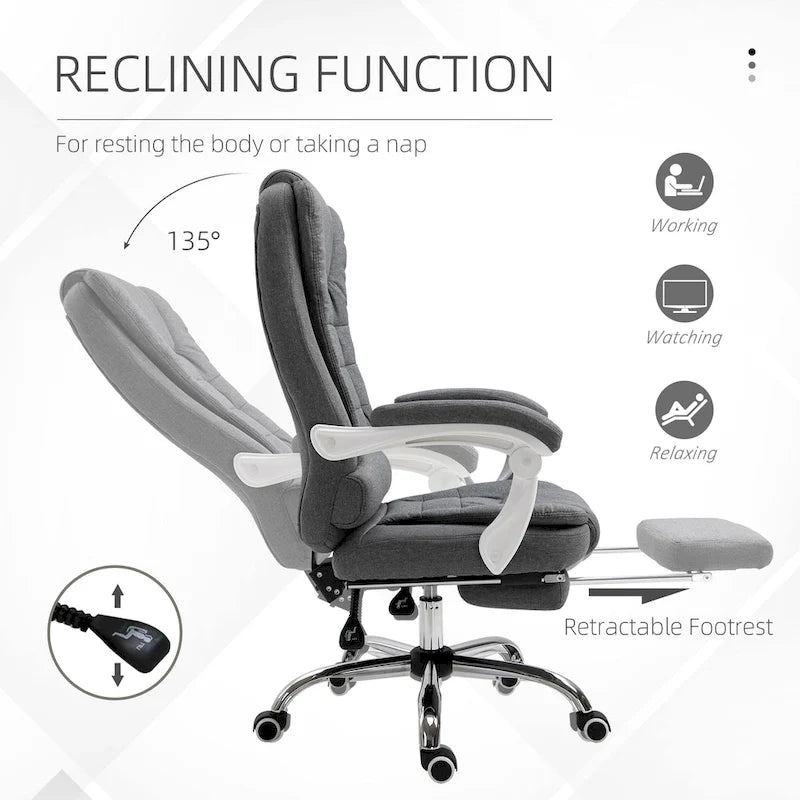 Ergonomischer Chefsessel mit hoher Rückenlehne: Fußstütze, Leinenstoff, gepolsterte Armlehnen