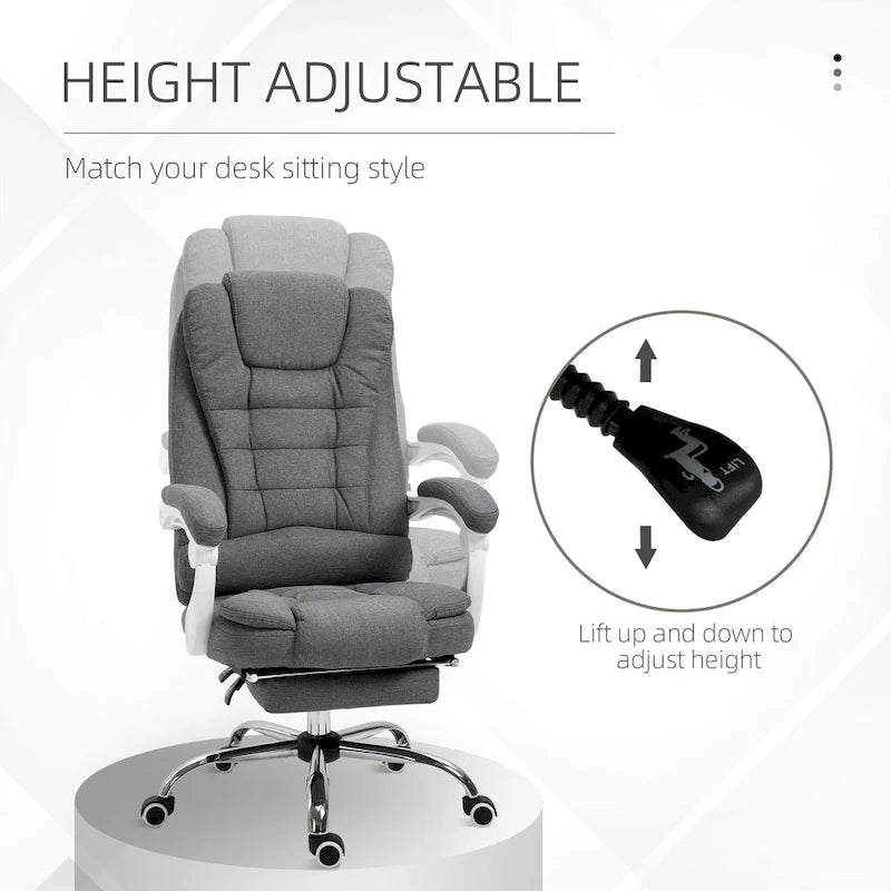 Ergonomischer Chefsessel mit hoher Rückenlehne: Fußstütze, Leinenstoff, gepolsterte Armlehnen