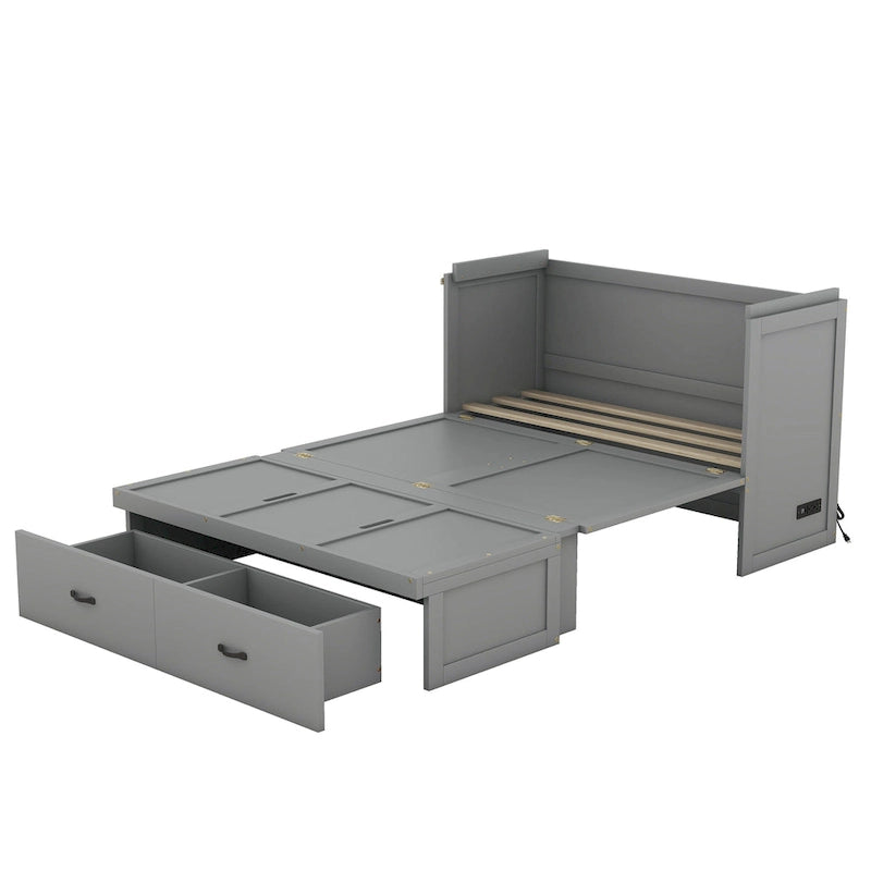 Murphybett in Full Size mit USB-Anschluss und großer Schublade, Grau