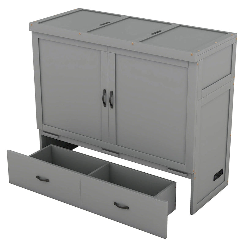 Murphybett in Full Size mit USB-Anschluss und großer Schublade, Grau