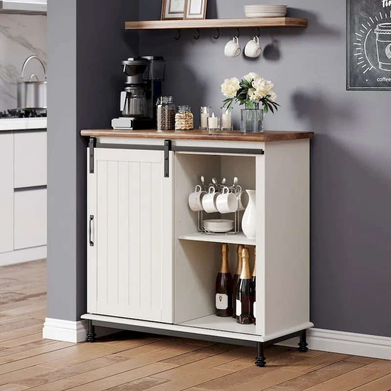 Küchenbuffet und Flurtisch in Weiß im Landhausstil mit Schiebetür im Scheunentor-Stil und Stauraum