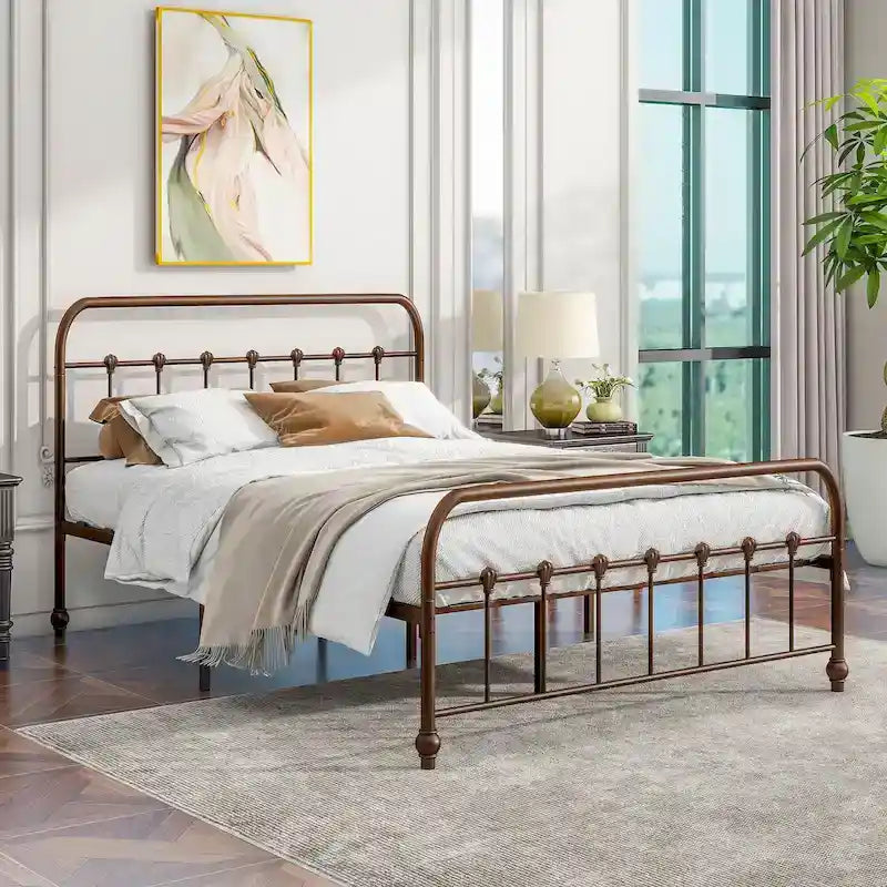 Metallbettgestell mit Kopf- und Fußteil, stabile Lattenrostauflage/Stauraum unter dem Bett, Vintage-Stil