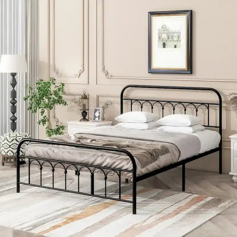 Metallbettgestell mit Kopf- und Fußteil, stabile Lattenrostauflage/Stauraum unter dem Bett, Vintage-Stil