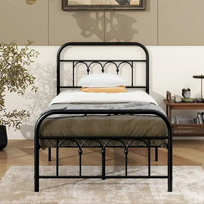 Metal Platform Bed Frame with Headboard and Footboard, Heavy Duty Slat Support/Underbed Storage Space, Vintage Style