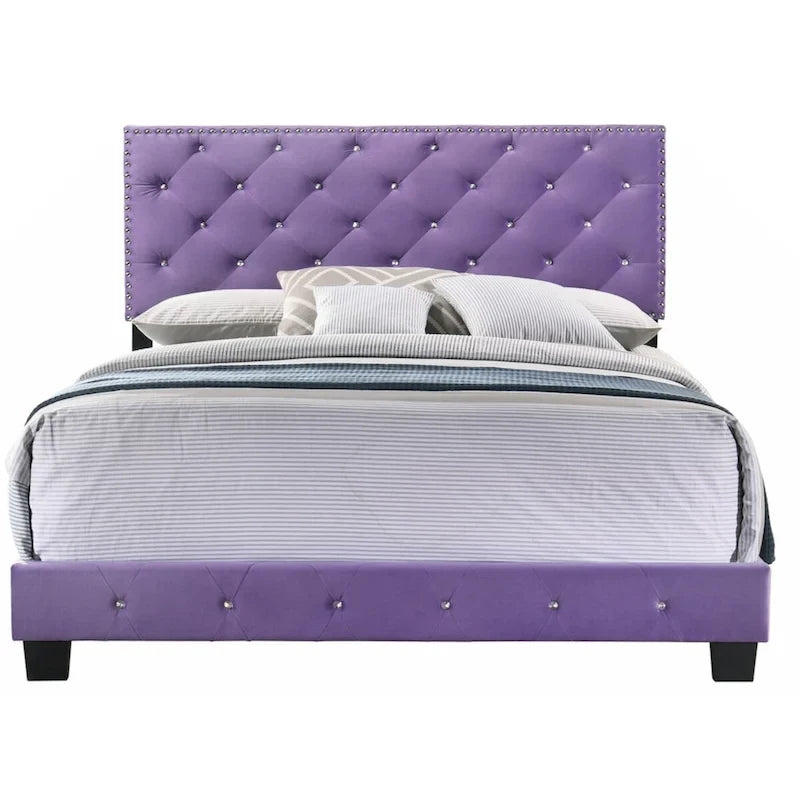 Purple Velvet Platform Bed with Nailhead Trim, Queen Size