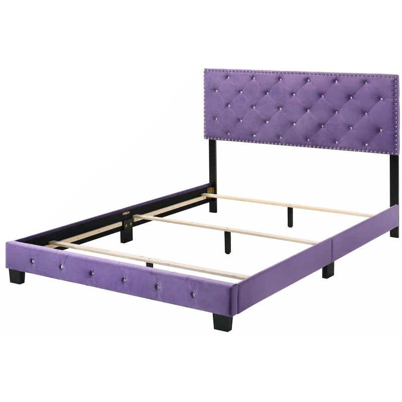 Polsterbett mit Plattform, aus violettem Samt und mit Nagelkopfbesatz, Queen-Size