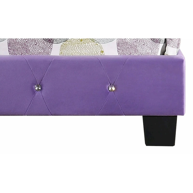 Polsterbett mit Plattform, aus violettem Samt und mit Nagelkopfbesatz, Queen-Size