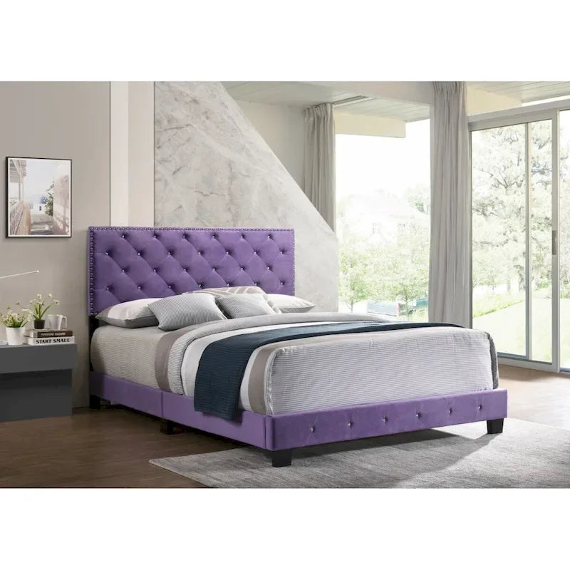 Polsterbett mit Plattform, aus violettem Samt und mit Nagelkopfbesatz, Queen-Size