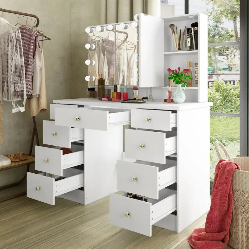 Schminktisch mit 3 Spiegeln, stilvoller Schminkorganizer mit 9 Schubladen