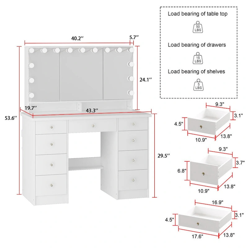 Schminktisch mit 3 Spiegeln, stilvoller Schminkorganizer mit 9 Schubladen