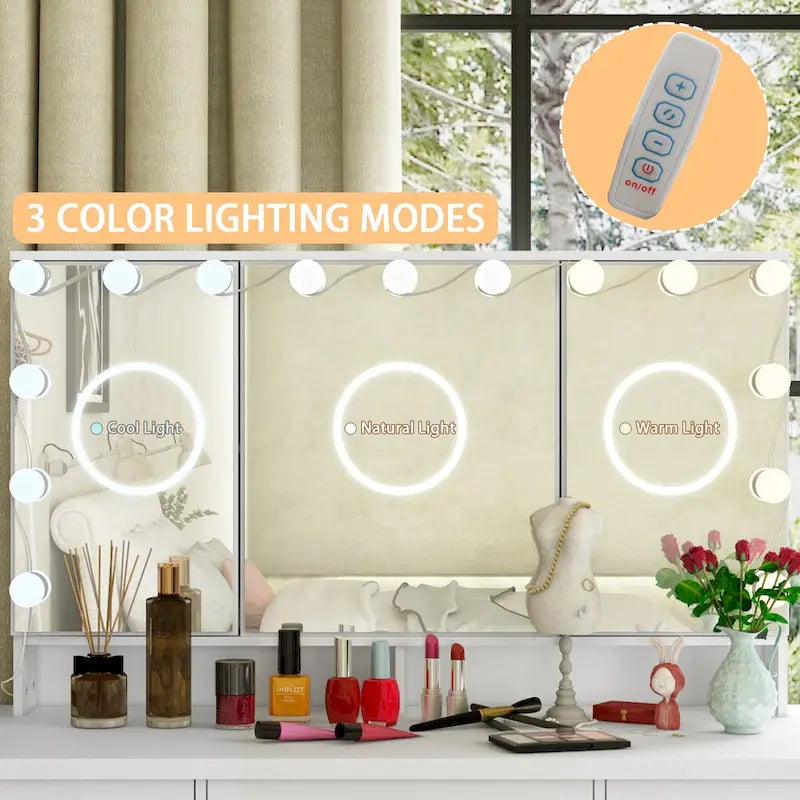 Schminktisch mit 3 Spiegeln, stilvoller Schminkorganizer mit 9 Schubladen