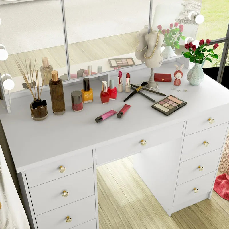 Schminktisch mit 3 Spiegeln, stilvoller Schminkorganizer mit 9 Schubladen