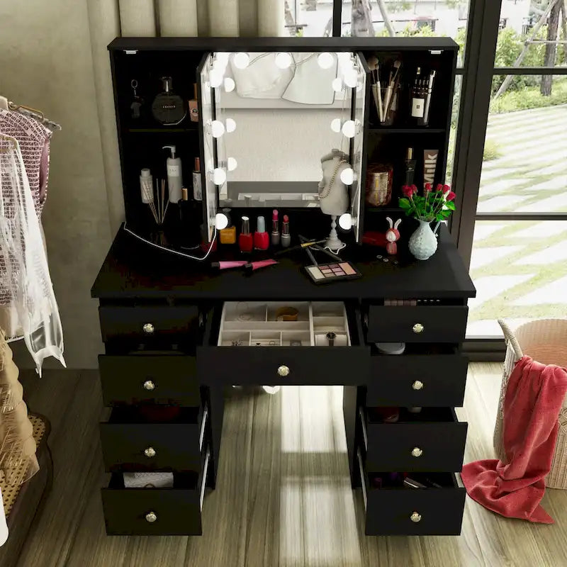 Schminktisch mit 3 Spiegeln, stilvoller Schminkorganizer mit 9 Schubladen