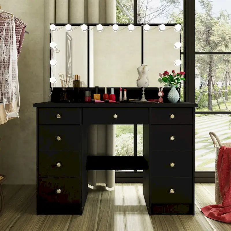 Schminktisch mit 3 Spiegeln, stilvoller Schminkorganizer mit 9 Schubladen