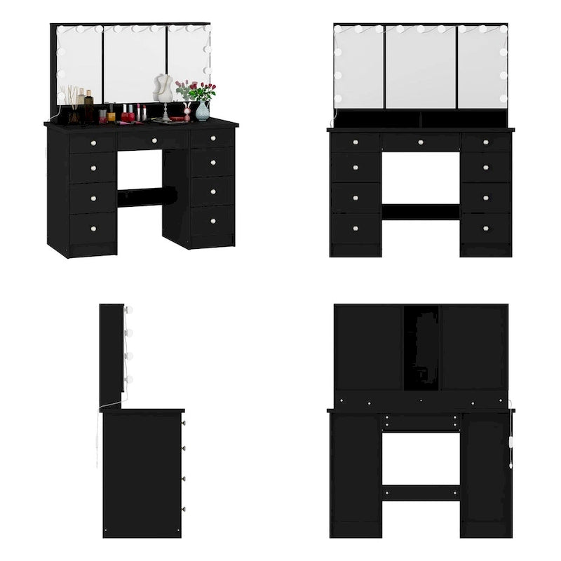 Schminktisch mit 3 Spiegeln, stilvoller Schminkorganizer mit 9 Schubladen