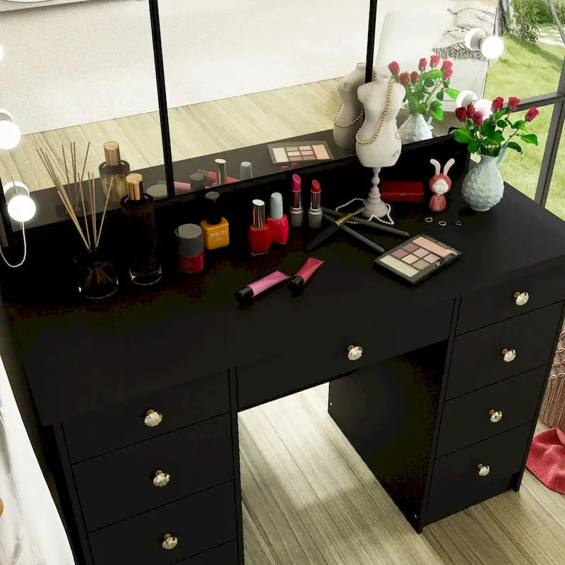 Schminktisch mit 3 Spiegeln, stilvoller Schminkorganizer mit 9 Schubladen